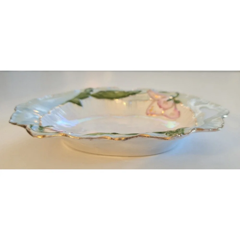 Vintage Floral Porcelain Relish Celery Dish Pink Lily Flowers Gold Gilt Accent